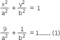 straight x squared over straight a squared space plus straight y squared over straight b squared space equals space 1

9 over straight a squared space plus 1 over straight b squared space equals 1...... space left parenthesis 1 right parenthesis