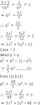 fraction numerator 9 space straight x space 3 over denominator 5 straight b squared end fraction space plus space 1 over straight b squared space equals space 1
rightwards double arrow space straight b squared space space equals 32 over 5
therefore space straight a squared space equals space 32 over 3
therefore space fraction numerator 3 straight x squared over denominator 32 end fraction space plus fraction numerator 5 straight y squared over denominator 32 end fraction space equals space 1
rightwards double arrow space 3 straight x squared space plus space 5 straight y squared minus 32
Case space minus 2
When space straight b greater than straight a
straight a squared space equals space straight b squared minus space left parenthesis 1 minus straight e squared right parenthesis
space equals space 3 over 5 space straight b squared space........ space left parenthesis 3 right parenthesis
from space left parenthesis 1 right parenthesis space & space left parenthesis 3 right parenthesis
straight a squared space equals space 48 over 5 comma space straight b squared space equals space 16
therefore space fraction numerator 5 straight x squared over denominator 48 end fraction space plus straight y squared over 16 space equals space 1
rightwards double arrow space 5 straight x squared space plus 3 straight y squared minus 48 space equals space 0