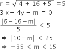 straight r space equals space square root of space 4 space plus space 16 space plus 5 space end root space equals 5
3 space straight x minus space 4 straight y space minus space straight m space equals space 0
fraction numerator vertical line 6 minus 16 minus straight m vertical line over denominator 5 end fraction space less than space 5
rightwards double arrow space vertical line 10 minus straight m vertical line space less than space 25
rightwards double arrow space minus 35 space less than space straight m space less than thin space 15