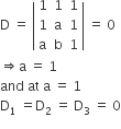 straight D space equals space open vertical bar table row 1 1 1 row 1 straight a 1 row straight a straight b 1 end table close vertical bar space equals space 0
rightwards double arrow straight a space equals space 1
and space at space straight a space equals space 1
straight D subscript 1 space equals straight D subscript 2 space equals space straight D subscript 3 space equals space 0

