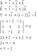 straight a with rightwards arrow on top space equals space straight i with hat on top space plus straight j with hat on top space plus straight k with hat on top
straight b with rightwards arrow on top space equals space straight i with hat on top space minus straight j with hat on top space plus 2 straight k with hat on top
straight c with rightwards arrow on top space equals space straight x straight i with hat on top space plus left parenthesis straight x minus 2 right parenthesis straight j with hat on top space minus straight k with hat on top
open vertical bar table row straight x cell straight x minus 2 end cell cell negative 1 end cell row 1 1 1 row 1 cell negative 1 end cell 2 end table close vertical bar space equals 0
3 straight x plus 2 space minus straight x plus 2 space equals 0
2 straight x equals negative 4
straight x equals negative 2
