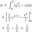 straight A space equals space integral subscript 0 superscript 1 left parenthesis square root of straight x minus straight x right parenthesis dx
space equals space open square brackets 2 over 3 straight x to the power of 3 divided by 2 end exponent minus straight x squared over 2 close square brackets subscript 0 superscript 1
space equals space 2 over 3 space minus 1 half space equals space 1 over 6