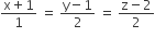 fraction numerator straight x plus 1 over denominator 1 end fraction space equals space fraction numerator straight y minus 1 over denominator 2 end fraction space equals space fraction numerator straight z minus 2 over denominator 2 end fraction