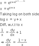straight x space equals space straight e to the power of straight y plus straight e to the power of straight y plus.... infinity end exponent end exponent
straight x space equals straight e to the power of straight y plus straight x end exponent
Taking space log space on space both space side
log space straight x space equals space straight y plus straight x
Diff. space straight w. straight r. straight t space to space straight x
1 over straight x space equals dy over dx plus 1
rightwards double arrow dy over dx space equals space fraction numerator 1 minus straight x over denominator straight x end fraction