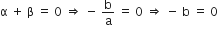 straight alpha space plus space straight beta space equals space 0 space rightwards double arrow space minus space straight b over straight a space equals space 0 space rightwards double arrow space minus space straight b space equals space 0