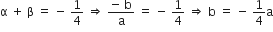 straight alpha space plus space straight beta space equals space minus space 1 fourth space rightwards double arrow space fraction numerator negative space straight b over denominator straight a end fraction space equals space minus space 1 fourth space rightwards double arrow space straight b space equals space minus space 1 fourth straight a