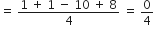 equals space fraction numerator 1 space plus space 1 space minus space 10 space plus space 8 over denominator 4 end fraction space equals space 0 over 4
