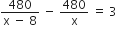 fraction numerator 480 over denominator straight x space minus space 8 end fraction space minus space 480 over straight x space equals space 3