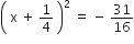 open parentheses space straight x space plus space 1 fourth space close parentheses squared space equals space minus space 31 over 16