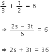 straight s over 3 space plus space straight t over 2 space equals space 6

rightwards double arrow space fraction numerator 2 straight s space minus space 3 straight t over denominator 6 end fraction space equals space 6

rightwards double arrow space 2 straight s space plus space 3 straight t space equals space 36