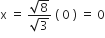 straight x space equals space fraction numerator square root of 8 over denominator square root of 3 end fraction space left parenthesis space 0 space right parenthesis space equals space 0