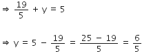 rightwards double arrow space 19 over 5 space plus space straight y space equals space 5

rightwards double arrow space straight y space equals space 5 space minus space 19 over 5 space equals space fraction numerator 25 space minus space 19 over denominator 5 end fraction space equals space 6 over 5