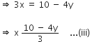 rightwards double arrow space 3 straight x space equals space 10 space minus space 4 straight y

rightwards double arrow space straight x space fraction numerator 10 space minus space 4 straight y over denominator 3 end fraction space space space space space... left parenthesis iii right parenthesis