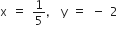 straight x space equals space 1 fifth comma space straight y space equals space minus space 2