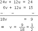 24 straight v space plus space 12 straight u space equals space 24
space space 6 straight v space plus space 12 straight u space equals space 15
bottom enclose negative space space space space space minus space space space space space space space space space space space minus space space end enclose
18 straight v space space space space space space space space space space space equals space space 9
rightwards double arrow space space space straight v space equals space 9 over 18 equals 1 half
