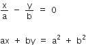 straight x over straight a space minus space straight y over straight b space equals space 0

ax space plus space by space equals space straight a squared space plus space straight b squared