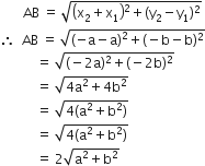 space space space space space space space AB space equals space square root of open parentheses straight x subscript 2 plus straight x subscript 1 close parentheses squared plus left parenthesis straight y subscript 2 minus straight y subscript 1 right parenthesis squared end root
therefore space space AB space equals space square root of open parentheses negative straight a minus straight a close parentheses squared plus left parenthesis negative straight b minus straight b right parenthesis squared end root
space space space space space space space space space space space equals space square root of left parenthesis negative 2 straight a right parenthesis squared plus left parenthesis negative 2 straight b right parenthesis squared end root
space space space space space space space space space space space equals space square root of 4 straight a squared plus 4 straight b squared end root
space space space space space space space space space space space equals space square root of 4 left parenthesis straight a squared plus straight b squared right parenthesis end root
space space space space space space space space space space space equals space square root of 4 left parenthesis straight a squared plus straight b squared right parenthesis end root
space space space space space space space space space space space equals space 2 square root of straight a squared plus straight b squared end root
