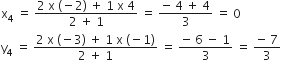 straight x subscript 4 space equals space fraction numerator 2 space straight x space left parenthesis negative 2 right parenthesis space plus space 1 space straight x space 4 over denominator 2 space plus space 1 end fraction space equals space fraction numerator negative space 4 space plus space 4 over denominator 3 end fraction space equals space 0
straight y subscript 4 space equals space fraction numerator 2 space straight x space left parenthesis negative 3 right parenthesis space plus space 1 space straight x space left parenthesis negative 1 right parenthesis over denominator 2 space plus space 1 end fraction space equals space fraction numerator negative space 6 space minus space 1 over denominator 3 end fraction space equals space fraction numerator negative space 7 over denominator 3 end fraction