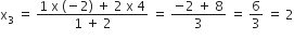 straight x subscript 3 space equals space fraction numerator 1 space straight x space left parenthesis negative 2 right parenthesis space plus space 2 space straight x space 4 over denominator 1 space plus space 2 end fraction space equals space fraction numerator negative 2 space plus space 8 over denominator 3 end fraction space equals space 6 over 3 space equals space 2