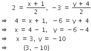 space space space space space space space space 2 space equals space fraction numerator straight x space plus space 1 over denominator 2 end fraction comma space space minus 3 space equals space fraction numerator straight y space plus space 4 over denominator 2 end fraction
rightwards double arrow space space space space 4 space equals space straight x space plus space 1 comma space space space minus 6 space equals space straight y space plus space 4
rightwards double arrow space space space space straight x space equals space 4 space minus space 1 comma space space space space straight y space equals space minus 6 space minus 4
rightwards double arrow space space space space space straight x space equals space 3 comma space space straight y space equals space minus 10
rightwards double arrow space space space space space space space space space space left parenthesis 3 comma space minus 10 right parenthesis