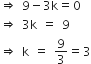 rightwards double arrow space 9 minus 3 straight k equals 0
rightwards double arrow space 3 straight k space equals space 9
rightwards double arrow space straight k space equals space 9 over 3 equals 3