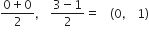 fraction numerator 0 plus 0 over denominator 2 end fraction comma space fraction numerator 3 minus 1 over denominator 2 end fraction equals space space left parenthesis 0 comma space 1 right parenthesis