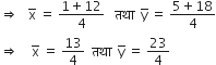 rightwards double arrow space space space straight x with bar on top space equals space fraction numerator 1 plus 12 over denominator 4 end fraction space space space तथ ा space space straight y with bar on top space equals space fraction numerator 5 plus 18 over denominator 4 end fraction
rightwards double arrow space space space space straight x with bar on top space equals space 13 over 4 space space तथ ा space space straight y with bar on top space equals space 23 over 4