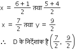 straight x space equals space fraction numerator 6 plus 1 over denominator 2 end fraction space तथ ा space fraction numerator 5 plus 4 over denominator 2 end fraction
space straight x space equals space 7 over 2 space तथ ा space space straight y space equals space 9 over 2
therefore space space space space straight D space क े space न ि र ् द े श ां क space ह ैं space open parentheses 7 over 2 comma space space 9 over 2 close parentheses