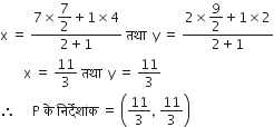 straight x space equals space fraction numerator 7 cross times begin display style 7 over 2 end style plus 1 cross times 4 over denominator 2 plus 1 end fraction space तथ ा space space straight y space equals space fraction numerator 2 cross times begin display style 9 over 2 end style plus 1 cross times 2 over denominator 2 plus 1 end fraction
space space space space space space space straight x space equals space 11 over 3 space तथ ा space space straight y space equals space 11 over 3
therefore space space space space space straight P space क े space न ि र ् द े श ां क space equals space open parentheses 11 over 3 comma space 11 over 3 close parentheses