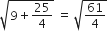 square root of 9 plus 25 over 4 end root space equals space square root of 61 over 4 end root