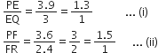 space PE over EQ equals fraction numerator 3.9 over denominator 3 end fraction equals fraction numerator 1.3 over denominator 1 end fraction space space space space space space space space space space space space... space left parenthesis straight i right parenthesis
space PF over FR equals fraction numerator 3.6 over denominator 2.4 end fraction equals 3 over 2 equals fraction numerator 1.5 over denominator 1 end fraction space space space space space space... space left parenthesis ii right parenthesis