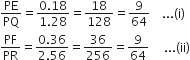 PE over PQ equals fraction numerator 0.18 over denominator 1.28 end fraction equals 18 over 128 equals 9 over 64 space space space space... left parenthesis straight i right parenthesis
PF over PR equals fraction numerator 0.36 over denominator 2.56 end fraction equals 36 over 256 equals 9 over 64 space space space space space... left parenthesis ii right parenthesis