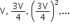 straight V comma space fraction numerator 3 straight V over denominator 4 end fraction comma space open parentheses fraction numerator 3 straight V over denominator 4 end fraction close parentheses squared comma...