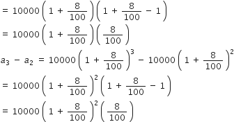 equals space 10000 space open parentheses space 1 space plus space 8 over 100 space close parentheses space open parentheses space 1 space plus space 8 over 100 space minus space 1 space close parentheses
equals space 10000 space open parentheses space 1 space plus space 8 over 100 space close parentheses space open parentheses space 8 over 100 space close parentheses
a subscript 3 italic space minus space a subscript 2 italic space equals space 10000 space open parentheses space 1 space plus space 8 over 100 space close parentheses cubed space minus space 10000 space open parentheses space 1 space plus space 8 over 100 space close parentheses squared
equals space 10000 space open parentheses space 1 space plus space 8 over 100 space close parentheses squared space open parentheses space 1 space plus space 8 over 100 space minus space 1 space close parentheses
equals space 10000 space open parentheses space 1 space plus space 8 over 100 space close parentheses squared space open parentheses space 8 over 100 space close parentheses