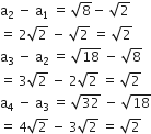 straight a subscript 2 space minus space straight a subscript 1 space equals space square root of 8 minus space square root of 2
equals space 2 square root of 2 space minus space square root of 2 space equals space square root of 2
straight a subscript 3 space minus space straight a subscript 2 space equals space square root of 18 space minus space square root of 8
equals space 3 square root of 2 space minus space 2 square root of 2 space equals space square root of 2
straight a subscript 4 space minus space straight a subscript 3 space equals space square root of 32 space minus space square root of 18
equals space 4 square root of 2 space minus space 3 square root of 2 space equals space square root of 2