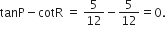 tanP minus cotR space equals space 5 over 12 minus 5 over 12 equals 0.