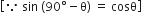 open square brackets because space sin space left parenthesis 90 degree minus straight theta right parenthesis space equals space cosθ close square brackets