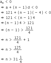 straight a subscript straight n space less than space 0
rightwards double arrow space straight a space plus space left parenthesis space straight n space minus space 1 space right parenthesis space straight d space less than space 0
rightwards double arrow space 121 space plus space left parenthesis space straight n space minus space 1 space right parenthesis space left parenthesis space minus space 4 space right parenthesis space less than space 0
rightwards double arrow space 121 space less than space left parenthesis space straight n space minus space 1 space right parenthesis space 4
rightwards double arrow left parenthesis space straight n space minus space 1 space right parenthesis space 4 space greater than space 121
rightwards double arrow space left parenthesis space straight n space minus space 1 space right parenthesis space greater than space 121 over 4
rightwards double arrow space straight n space greater than space 121 over 4 space plus space 1
rightwards double arrow space straight n space greater than space 125 over 4
rightwards double arrow space straight n space greater than space 31 space 1 fourth