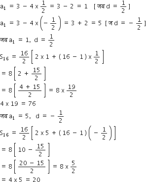 straight a subscript 1 space equals space 3 space minus space 4 space straight x space 1 half space equals space 3 space minus space 2 space equals space 1 space space space space left square bracket space जब space straight d space equals space 1 half space right square bracket
straight a subscript 1 space equals space 3 space minus space 4 space straight x space open parentheses negative space 1 half space close parentheses space equals space 3 space plus space 2 space equals space 5 space space left square bracket space straight ज space straight d space equals space minus space 1 half space right square bracket
जब space straight a subscript 1 space equals space 1 comma space space straight d space equals space 1 half
straight S subscript 16 space equals space 16 over 2 space open square brackets space 2 space straight x space 1 space plus space left parenthesis space 16 space minus space 1 space right parenthesis space straight x space 1 half space close square brackets
equals space 8 space open square brackets space 2 space plus space 15 over 2 space close square brackets
equals space 8 space open square brackets space fraction numerator 4 space plus space 15 over denominator 2 end fraction space close square brackets space equals space 8 space straight x space 19 over 2
4 space straight x space 19 space equals space 76
जब space straight a subscript 1 space equals space 5 comma space space space straight d space equals space minus space 1 half
straight S subscript 16 space equals space 16 over 2 space open square brackets space 2 space straight x space 5 space plus space left parenthesis space 16 space minus space 1 space right parenthesis space open parentheses space minus space 1 half space close parentheses space close square brackets
equals space 8 space open square brackets space 10 space minus space 15 over 2 space close square brackets
equals space 8 space open square brackets space fraction numerator 20 space minus space 15 over denominator 2 end fraction space close square brackets space equals space 8 space straight x space 5 over 2
equals space 4 space straight x space 5 space equals space 20