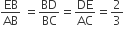 EB over AB space equals BD over BC equals DE over AC equals 2 over 3