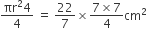 fraction numerator πr squared 4 over denominator 4 end fraction space equals space 22 over 7 cross times fraction numerator 7 cross times 7 over denominator 4 end fraction cm squared