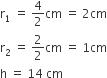 straight r subscript 1 space equals space 4 over 2 cm space equals space 2 cm
straight r subscript 2 space equals space 2 over 2 cm space equals space 1 cm
straight h space equals space 14 space cm