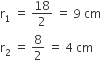 straight r subscript 1 space equals space 18 over 2 space equals space 9 space cm
straight r subscript 2 space equals space 8 over 2 space equals space 4 space cm