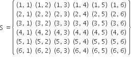 straight S space equals open curly brackets table row cell left parenthesis 1 comma space 1 right parenthesis end cell cell left parenthesis 1 comma space 2 right parenthesis end cell cell left parenthesis 1 comma space 3 right parenthesis end cell cell left parenthesis 1 comma space 4 right parenthesis end cell cell left parenthesis 1 comma space 5 right parenthesis end cell cell left parenthesis 1 comma space 6 right parenthesis end cell row cell left parenthesis 2 comma space 1 right parenthesis end cell cell left parenthesis 2 comma space 2 right parenthesis end cell cell left parenthesis 2 comma space 3 right parenthesis end cell cell left parenthesis 2 comma space 4 right parenthesis end cell cell left parenthesis 2 comma space 5 right parenthesis end cell cell left parenthesis 2 comma space 6 right parenthesis end cell row cell left parenthesis 3 comma space 1 right parenthesis end cell cell left parenthesis 3 comma space 2 right parenthesis end cell cell left parenthesis 3 comma space 3 right parenthesis end cell cell left parenthesis 3 comma space 4 right parenthesis end cell cell left parenthesis 3 comma space 5 right parenthesis end cell cell left parenthesis 3 comma space 6 right parenthesis end cell row cell left parenthesis 4 comma space 1 right parenthesis end cell cell left parenthesis 4 comma space 2 right parenthesis end cell cell left parenthesis 4 comma space 3 right parenthesis end cell cell left parenthesis 4 comma space 4 right parenthesis end cell cell left parenthesis 4 comma space 5 right parenthesis end cell cell left parenthesis 4 comma space 6 right parenthesis end cell row cell left parenthesis 5 comma space 1 right parenthesis end cell cell left parenthesis 5 comma space 2 right parenthesis end cell cell left parenthesis 5 comma space 3 right parenthesis end cell cell left parenthesis 5 comma space 4 right parenthesis end cell cell left parenthesis 5 comma space 5 right parenthesis end cell cell left parenthesis 5 comma space 6 right parenthesis end cell row cell left parenthesis 6 comma space 1 right parenthesis end cell cell left parenthesis 6 comma space 2 right parenthesis end cell cell left parenthesis 6 comma space 3 right parenthesis end cell cell left parenthesis 6 comma space 4 right parenthesis end cell cell left parenthesis 6 comma space 5 right parenthesis end cell cell left parenthesis 6 comma space 6 right parenthesis end cell end table close curly brackets