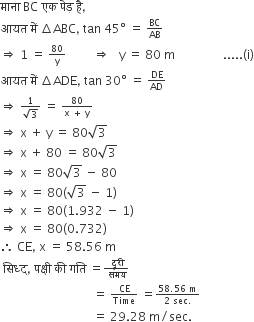 म ा न ा space BC space एक space प े ड़ space ह ै comma
आयत space म ें space increment ABC comma space tan space 45 degree space equals space begin inline style BC over AB end style
rightwards double arrow space 1 space equals space begin inline style 80 over straight y end style space space space space space space space space space rightwards double arrow space space space straight y space equals space 80 space straight m space space space space space space space space space space space space space space space space..... left parenthesis straight i right parenthesis
आयत space म ें space increment ADE comma space tan space 30 degree space equals space begin inline style DE over AD end style
rightwards double arrow space begin inline style fraction numerator 1 over denominator square root of 3 end fraction end style space equals space begin inline style fraction numerator 80 over denominator straight x space plus space straight y end fraction end style
rightwards double arrow space straight x space plus space straight y space equals space 80 square root of 3
rightwards double arrow space straight x space plus space 80 space equals space 80 square root of 3
rightwards double arrow space straight x space equals space 80 square root of 3 space minus space 80
rightwards double arrow space straight x space equals space 80 left parenthesis square root of 3 space minus space 1 right parenthesis
rightwards double arrow space straight x space equals space 80 left parenthesis 1.932 space minus space 1 right parenthesis
rightwards double arrow space straight x space equals space 80 left parenthesis 0.732 right parenthesis
therefore space CE comma space straight x space equals space 58.56 space straight m
space स ि ध ् द comma space पक ् ष ी space क ी space गत ि space equals begin inline style fraction numerator space द ू र ी over denominator space समय end fraction end style
space space space space space space space space space space space space space space space space space space space space space space space space space space space space space space space equals space begin inline style CE over Time end style space equals begin inline style fraction numerator 58.56 space straight m over denominator 2 space sec. end fraction end style
space space space space space space space space space space space space space space space space space space space space space space space space space space space space space space space equals space 29.28 space straight m divided by sec.