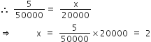 therefore space 5 over 50000 equals space straight x over 20000
rightwards double arrow space space space space space space space straight x space equals space 5 over 50000 cross times 20000 space equals space 2