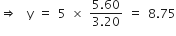 rightwards double arrow space space straight y space equals space 5 space cross times space fraction numerator 5.60 over denominator 3.20 end fraction space equals space 8.75