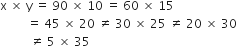 straight x space cross times space straight y space equals space 90 space cross times space 10 space equals space 60 space cross times space 15
space space space space space space space space space equals space 45 space cross times space 20 space not equal to space 30 space cross times space 25 space not equal to space 20 space cross times space 30
space space space space space space space space space space not equal to space 5 space cross times space 35