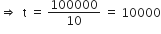 rightwards double arrow space space straight t space equals space 100000 over 10 space equals space 10000