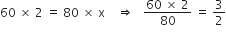 60 space cross times space 2 space equals space 80 space cross times space straight x space space space space rightwards double arrow space space space fraction numerator 60 space cross times space 2 over denominator 80 end fraction space equals space 3 over 2